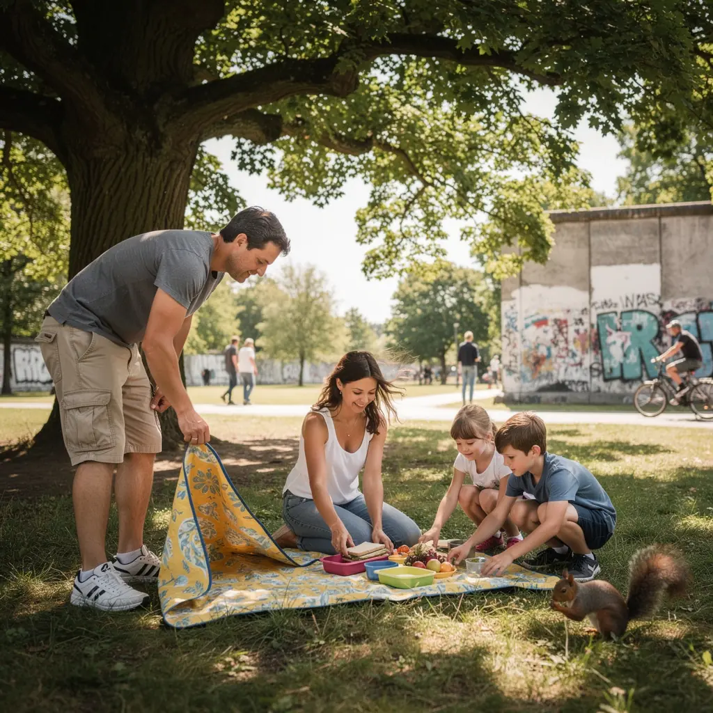 Ein Vater hilft seinem Kind, einen rollstuhlgerechten Wanderweg in den Bergen zu entdecken.